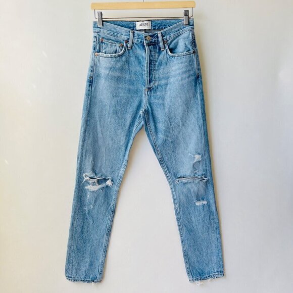 Agolde Distressed knees ankle high rise slim legs jeans, blue, Size 25 M50 - Picture 3 of 13